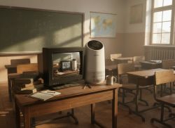 Old classroom with a monitor displaying a recursive image of a device and books