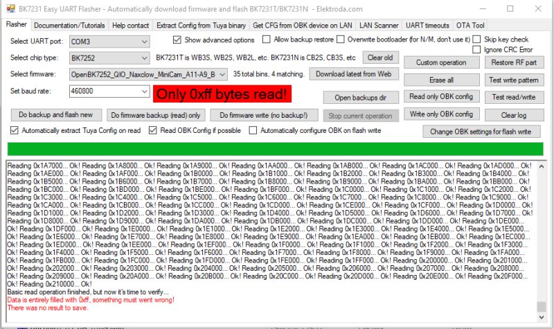 BK7231 Easy UART Flasher interface showing message Only 0xff bytes read!