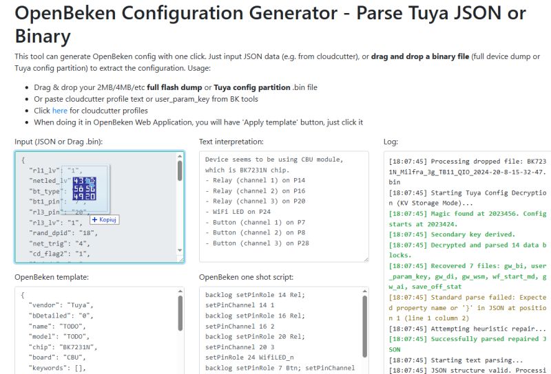 OpenBeken configuration generator with JSON input and text interpretation