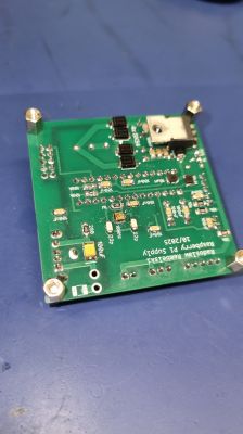 Soldered Raspberry Pi power supply board Soldered PCB with electronic components labeled as Raspberry Pi power supply