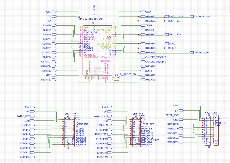 Control Board Schematic with ESP32-WROOM-32E Electrical schematic of a control board with ESP32-WROOM-32E and GPIO connectors.