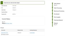 Screenshot of an order status page: all parts shipped; current status “Shipped” dated May 19.