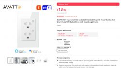 Image of an AVATTO WiFi Tuya wall socket with a power monitor.
