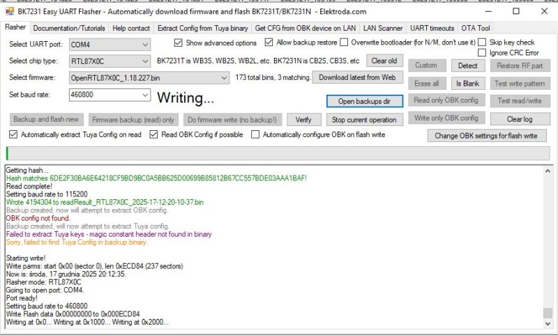 Screenshot of BK7231 Easy UART Flasher tool during firmware writing process.
