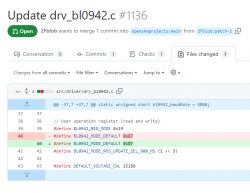 The image shows a proposed change in the drv_bl0942.c code file, where the value defined as BL0942_MODE_DEFAULT was changed from 0x87 to 0x07.