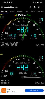 Zrzut ekranu z aplikacji Network Cell Info Lite pokazujący parametry sieci 5G.