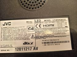 Label on the back of JVC LT-50VAQ6235 TV with technical data and safety warnings