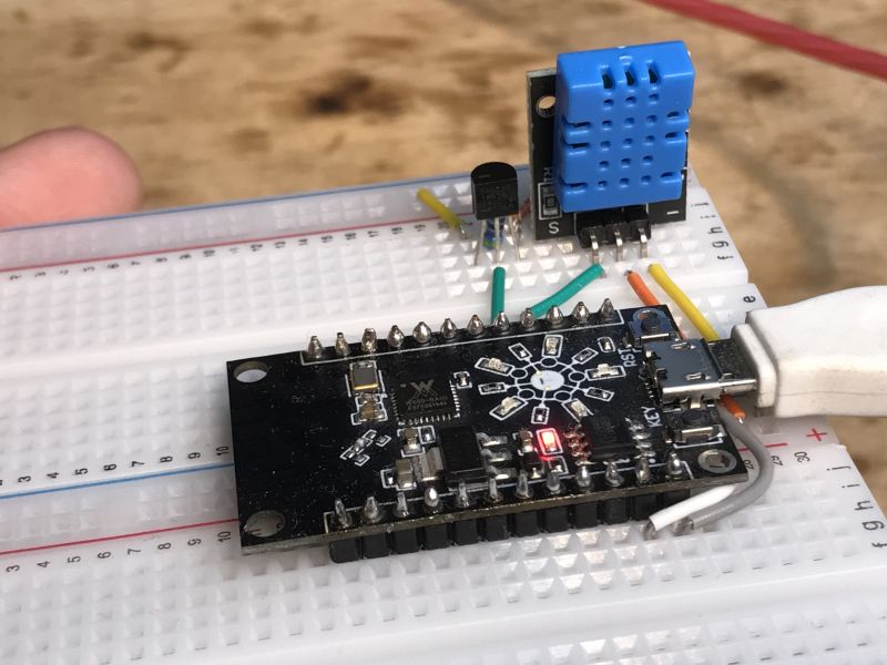 W600 microcontroller connected to a DS18B20 temperature sensor on a breadboard.