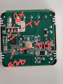 Image of a circuit board with GPIO pin labels written in red.