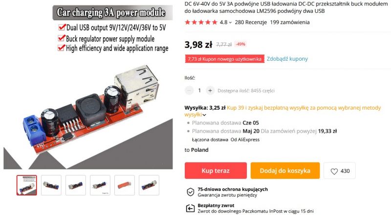 Przetwornica LM2596 wyjściami USB HW-272 Przetwornica LM2596 wyjściami USB HW-272