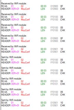 Screenshot of WiFi module messages with data sequences.
