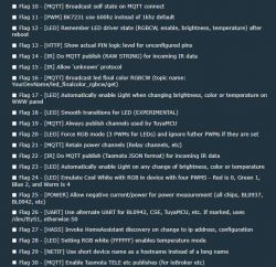 List of software feature flags with selected options.