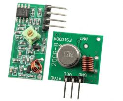 Dwuczęściowy moduł radiowy 433MHz składający się z nadajnika i odbiornika.