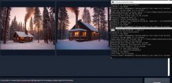 Comparison of generating images of a winter cabin in a forest using different model settings on a computer.