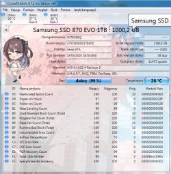 CrystalDiskInfo pokazuje stan dysku SSD Samsung 870 EVO jako dobry (99%)