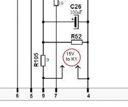 Section of an electrical schematic with resistor and capacitor labels.