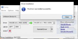 Screenshot from Zadig software showing a successful driver installation message.