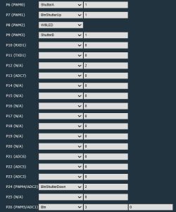 Screenshot of P6–P26 pin configuration with dropdowns and numeric values, including ShutterA and WiFiLED