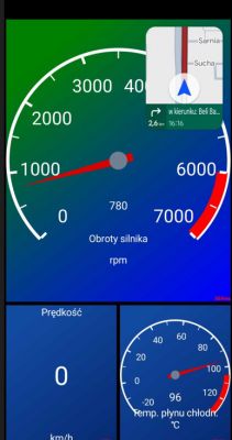 Aplikacja monitorująca parametry samochodu z OBD2 na ekranie telefonu.