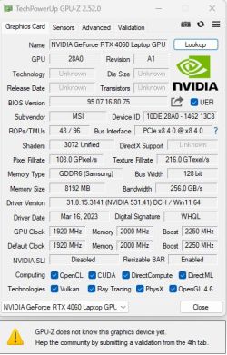 Zrzut ekranu GPU-Z pokazujący specyfikację karty NVIDIA GeForce RTX 4060 Laptop GPU