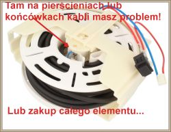 Zespół kabli z pierścieniem ślizgowym i opisem problemu z połączeniami.