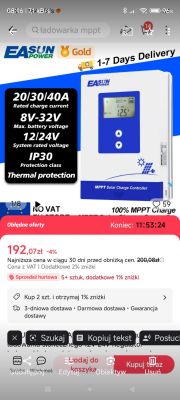 Obraz sterownika Easun Power z wyświetlaczem pokazującym parametry, takie jak napięcie i aktualna cena produktu.