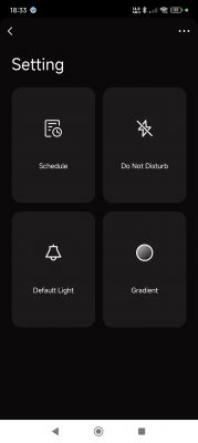 App settings screen with four options: Schedule, Do Not Disturb, Default Light, and Gradient.