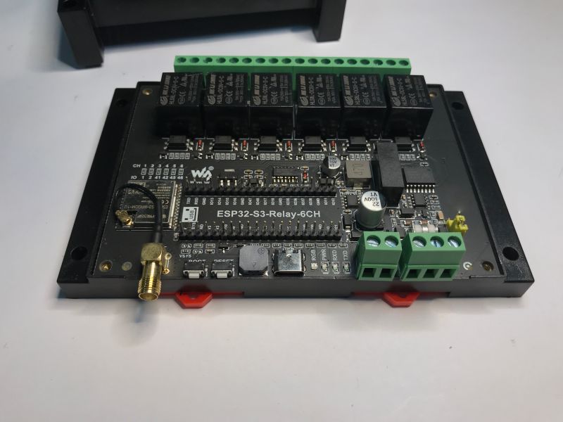 ESP32-S3 6-Channel Relay Module ESP32-S3 board with relay module and green terminal connectors