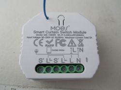 MOES MS-108WR Smart Curtain Switch Module with label and terminals view.