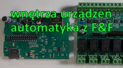 Dwie płytki drukowane z podzespołami elektronicznymi oraz zielony napis: wnętrza urządzeń automatyka z F&amp;F.