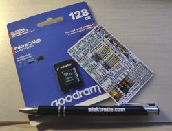 Goodram 128 GB microSD card package with adapter, pin information card, and pen with elektroda.com logo.