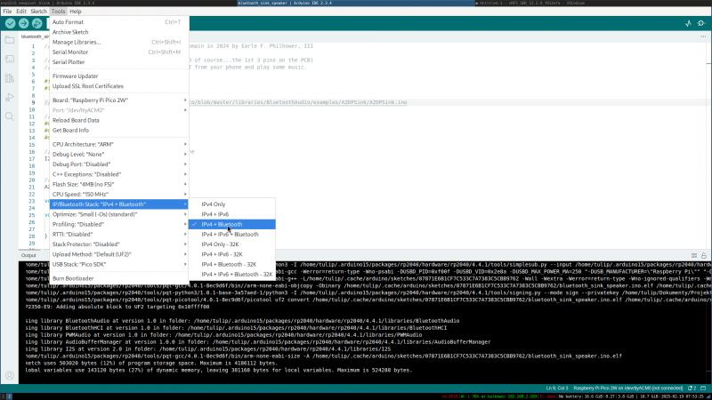 Interfejs Arduino IDE z podświetloną opcją IP/Bluetooth Stack.