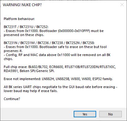 Warning dialog “WARNING! NUKE CHIP?” listing platforms and effects of a full chip erase