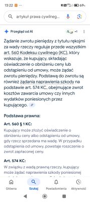 Zrzut ekranu z wyszukiwarki Google pokazujący fragment artykułów 560 i 574 Kodeksu cywilnego dotyczących rękojmi i zwrotu pieniędzy.