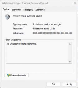 Screenshot of system properties for HyperX Virtual Surround Sound headphones.
