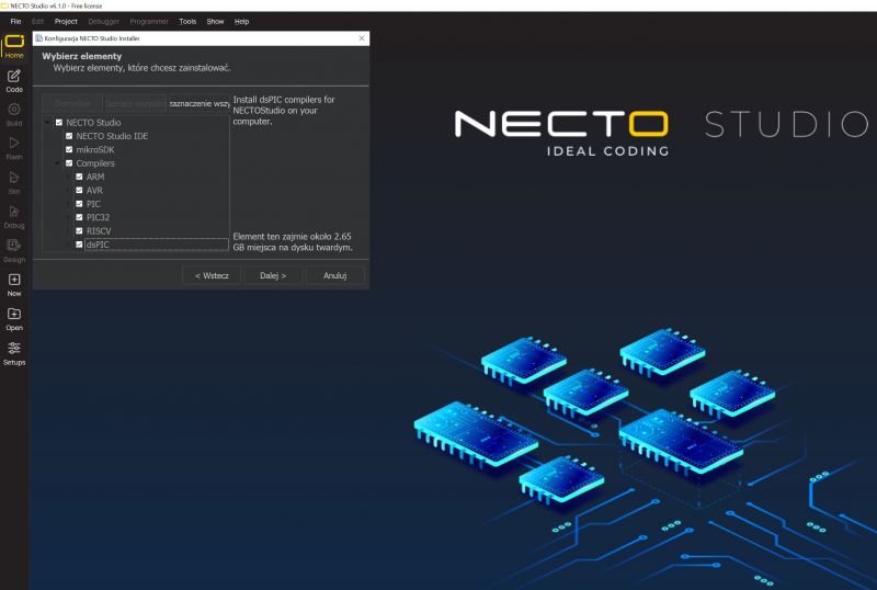 Zrzut ekranu z instalatorem NECTO Studio z widocznymi opcjami do wyboru, na tle grafiki z mikrokontrolerami.