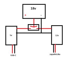 Schemat połączenia adaptera baterii 18V z konwerterami 5V i 12V