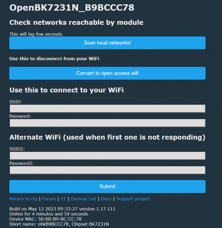 OpenBK7231N Configuration Panel OpenBK7231N configuration panel with WiFi network options