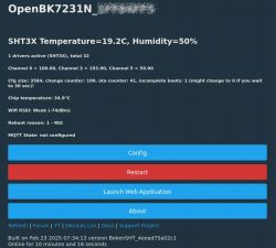 Screenshot of OpenBK7231N interface showing temperature and humidity data.