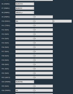 Screenshot of a configuration interface for various pins of an electronic circuit.
