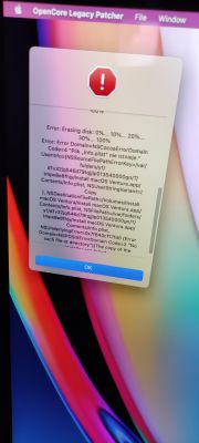Error message during macOS Ventura installation using OpenCore Legacy Patcher on a colorful background.