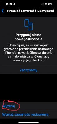 Ekran ustawień iPhone'a z opcją przeniesienia zawartości lub zresetowania.