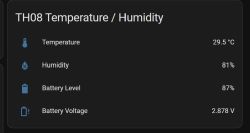 TH08 panel readings: temperature 29.5°C, humidity 81%, battery 87%, battery voltage 2.878 V