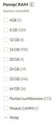 List of various RAM options in an online store with the number of available products for each option.