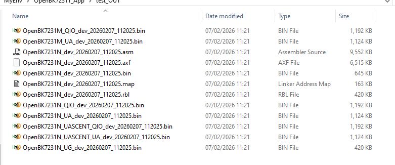 Windows File Explorer list showing mostly OpenBK7231N .bin files plus .asm, .axf, .map, and .rbl