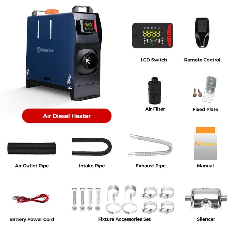 Kompletny zestaw ogrzewania postojowego Sunster Diesel Heater 8KW wraz z komponentami.