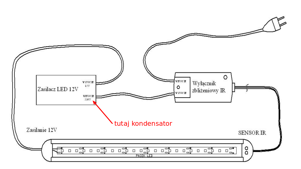 Miganie LED z czujnikiem zbliżeniowym HJ-KZQ002 C - jaki kondensator?