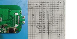 PCB with pins and a handwritten pinout diagram for HI704 to BK7252