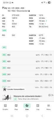 Zrzut ekranu z aplikacji pokazujący parametry sygnału LTE 4G dla operatora Play