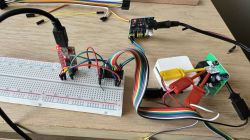 Breadboard with connected wires and electronic components.